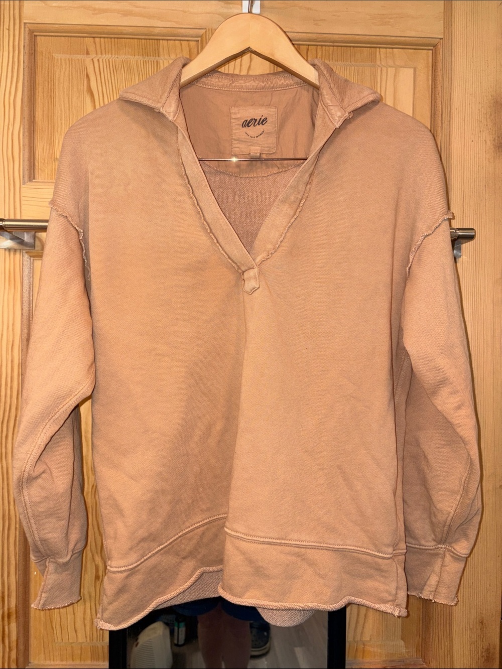 Oversized Raw Edge V Neck Collared Sweatshirt Sz XXS